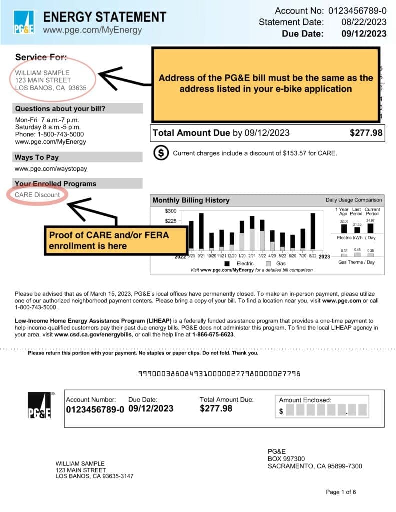 Annotated PG&E energy statement sample: red circle marks the “Service For” address line, orange box notes the address must match the e‑bike application, black arrow points to the “CARE Discount” line as proof of CARE/FERA enrollment, plus total‑due row and monthly‑usage bar chart—all on a blue slide titled about CARE or FERA eligibility.